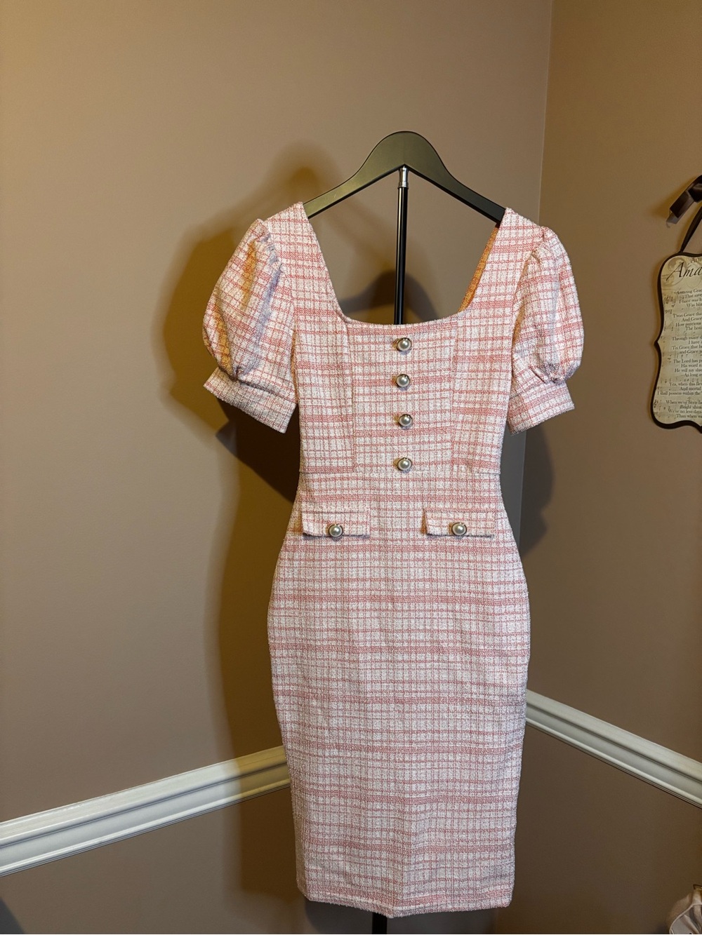 SHEIN Pink Plaid Square Neck Puff Sleeve Midi Dress with Buttons